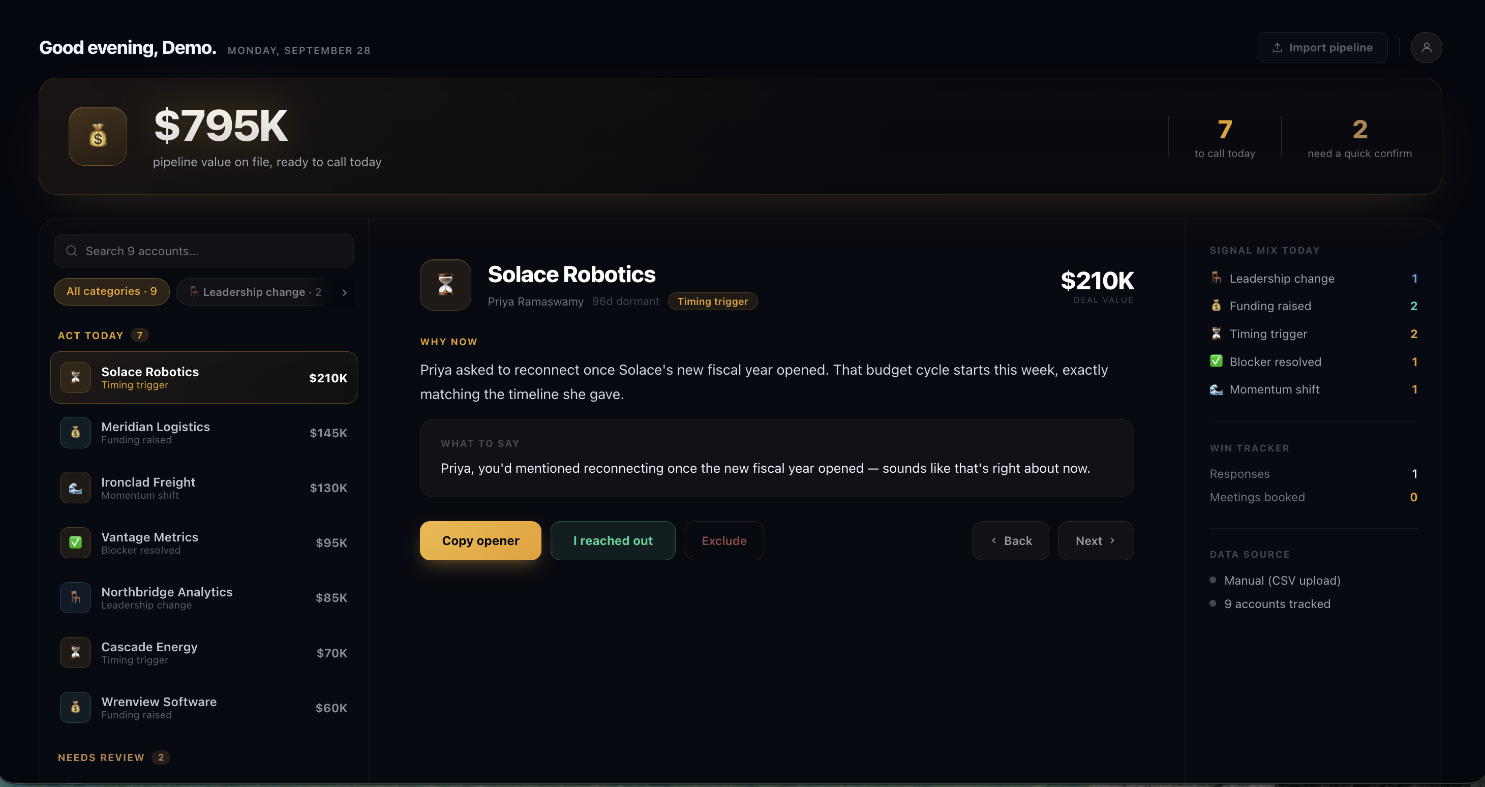 Revive Sales briefing screen showing dormant accounts ranked by urgency, with a written opener for each